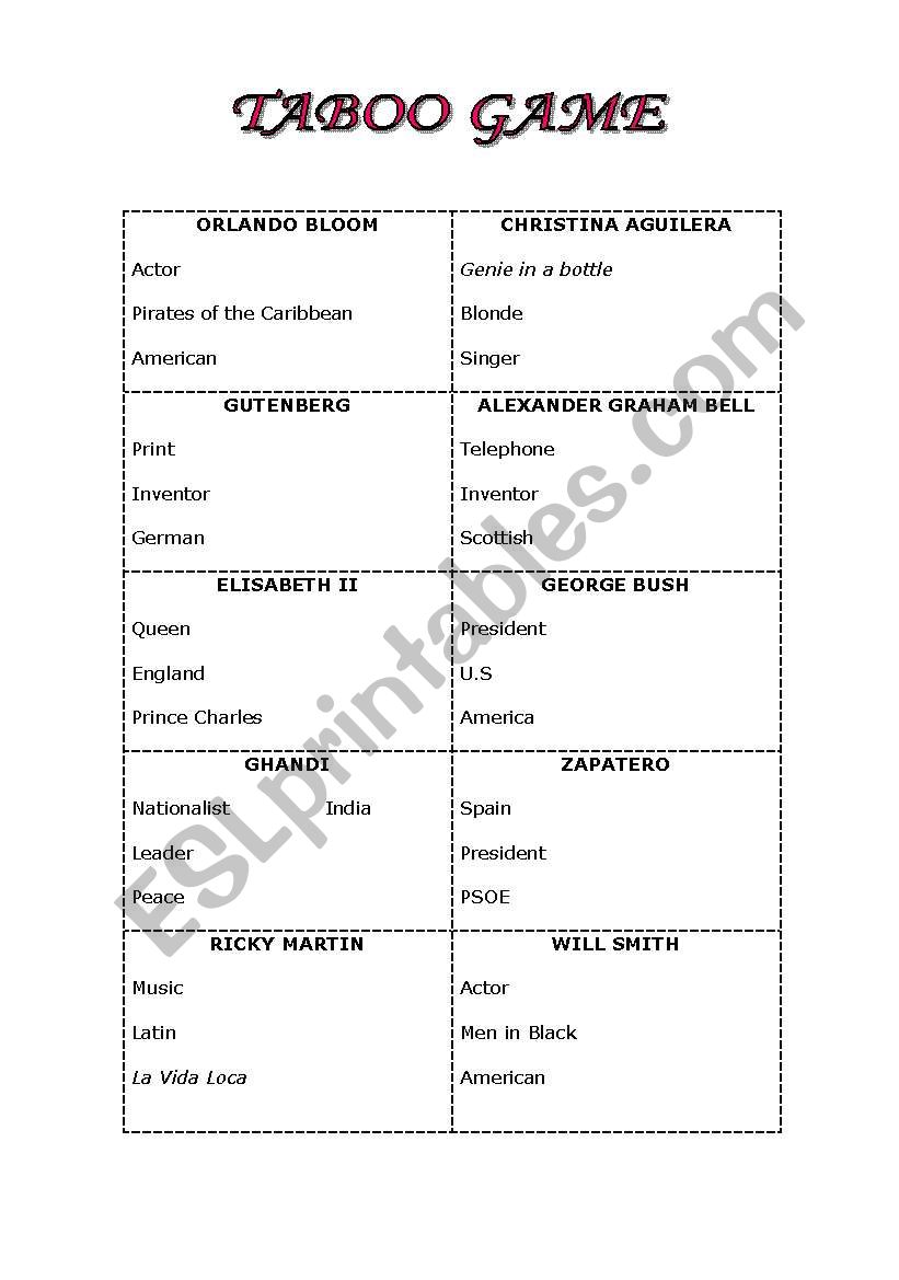 Taboo game worksheet