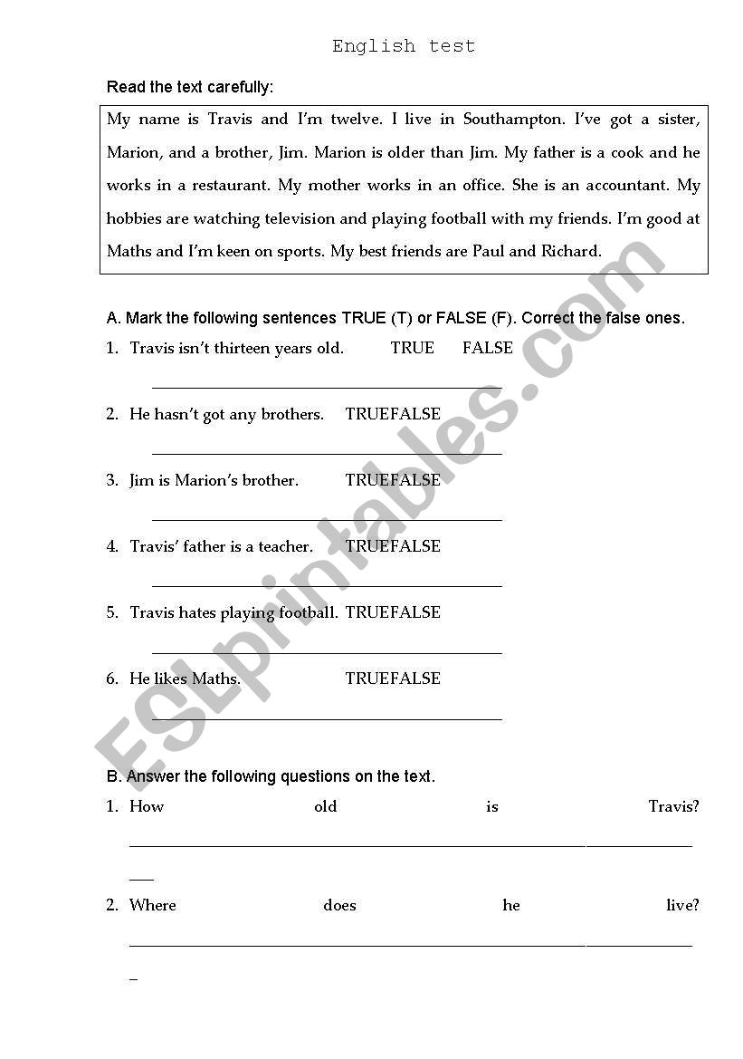 English Test worksheet