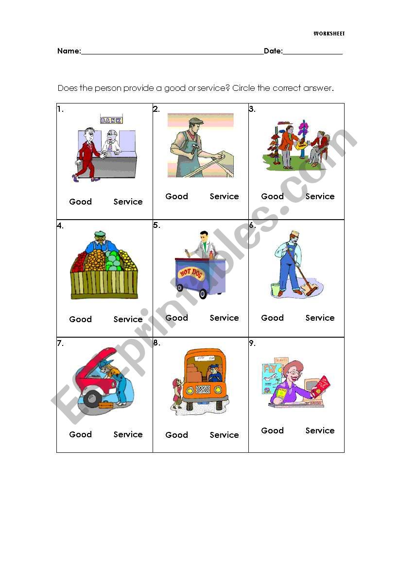 Goods And Services Worksheet