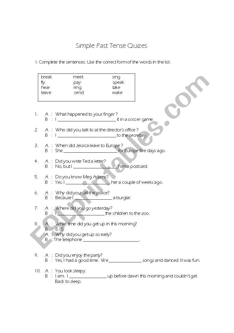 Simple Past Tense Quiz Test worksheet