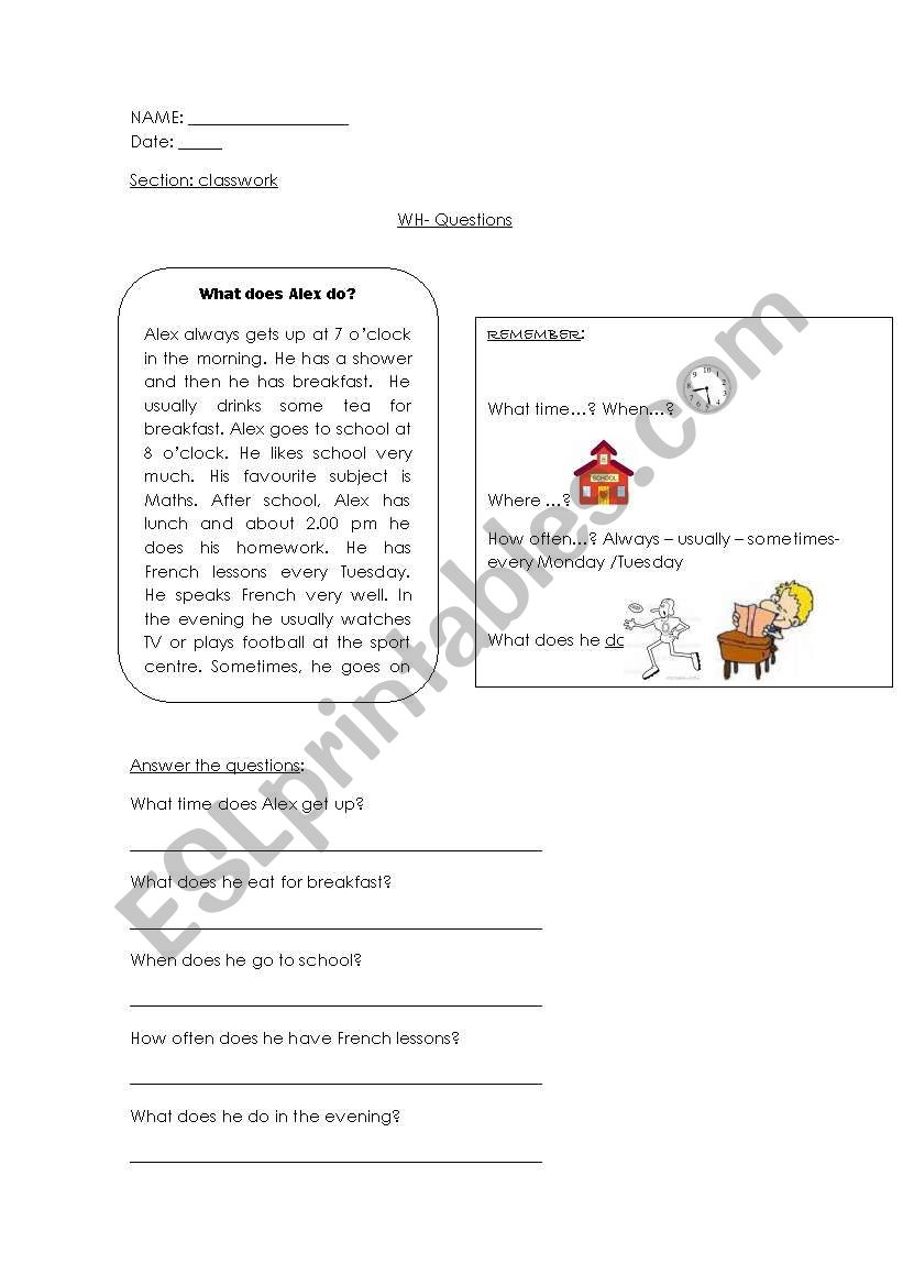 reading com/ wh questions worksheet