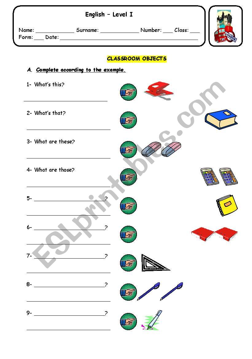 Classroom objects worksheet