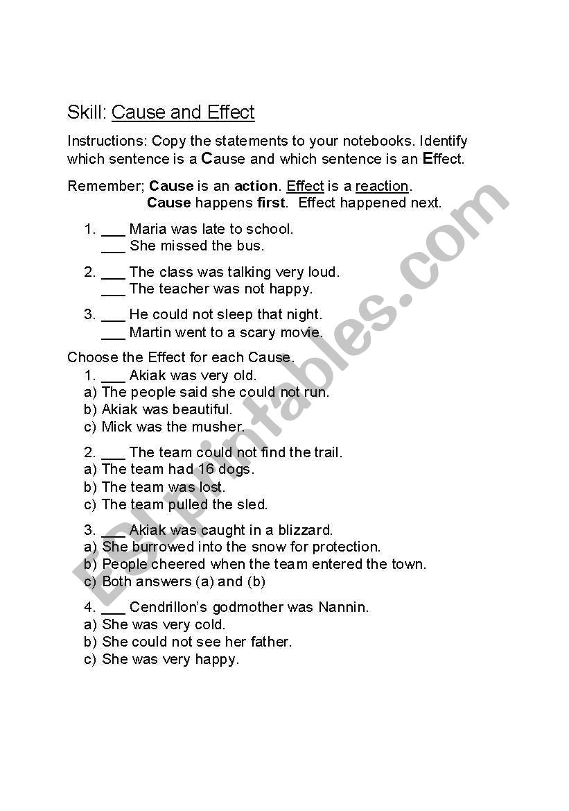 cause and effect worksheet