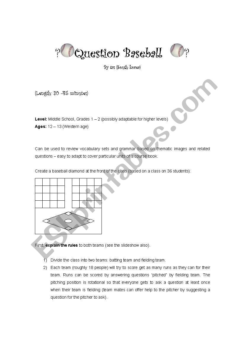 Question Baseball worksheet