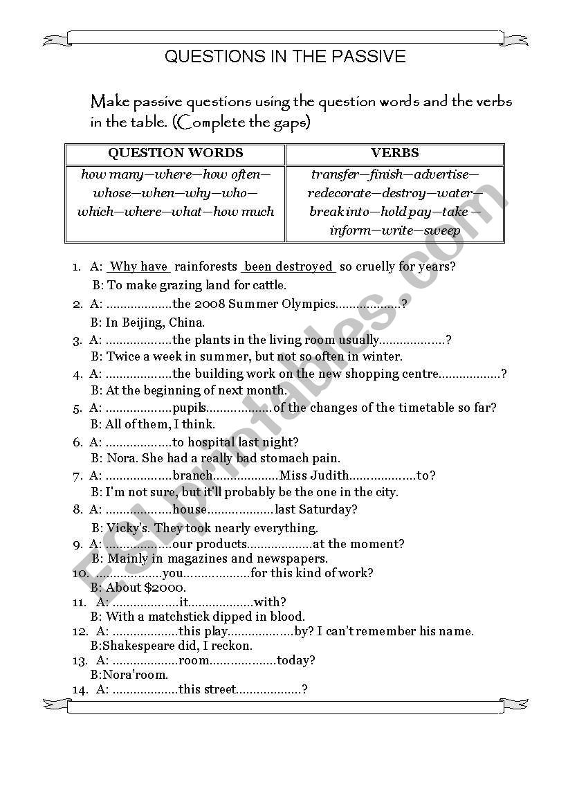 Questions in the Passive. worksheet