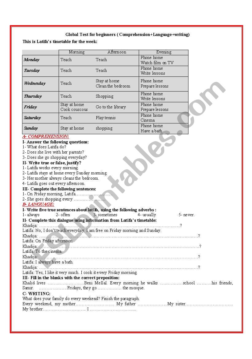 Test for beginners worksheet