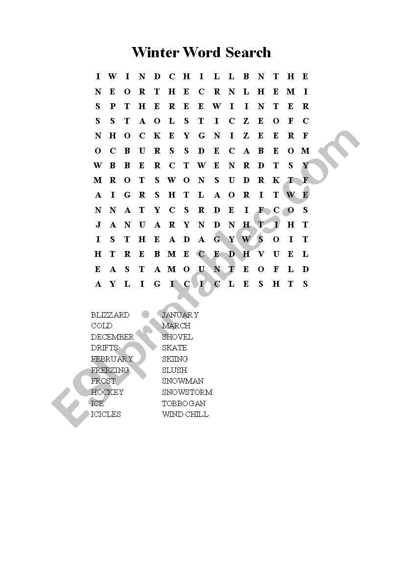 winter wordsearch worksheet