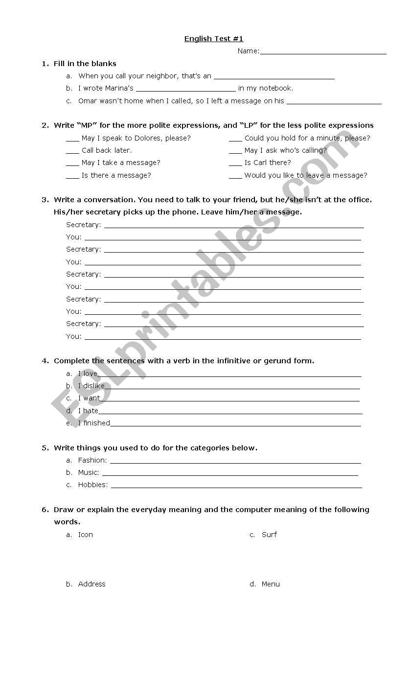 English Test worksheet