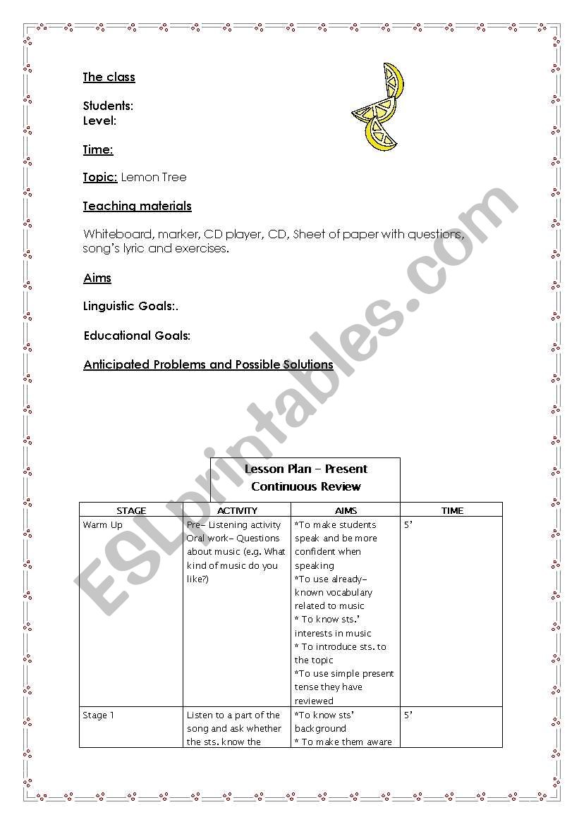 Lesson Plan Lemon Tree worksheet