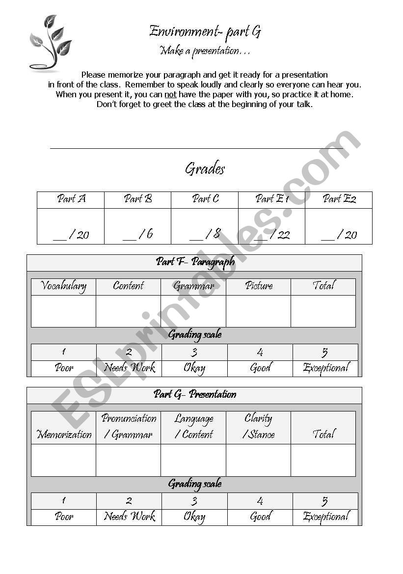 Environment packet part G and grading sheet