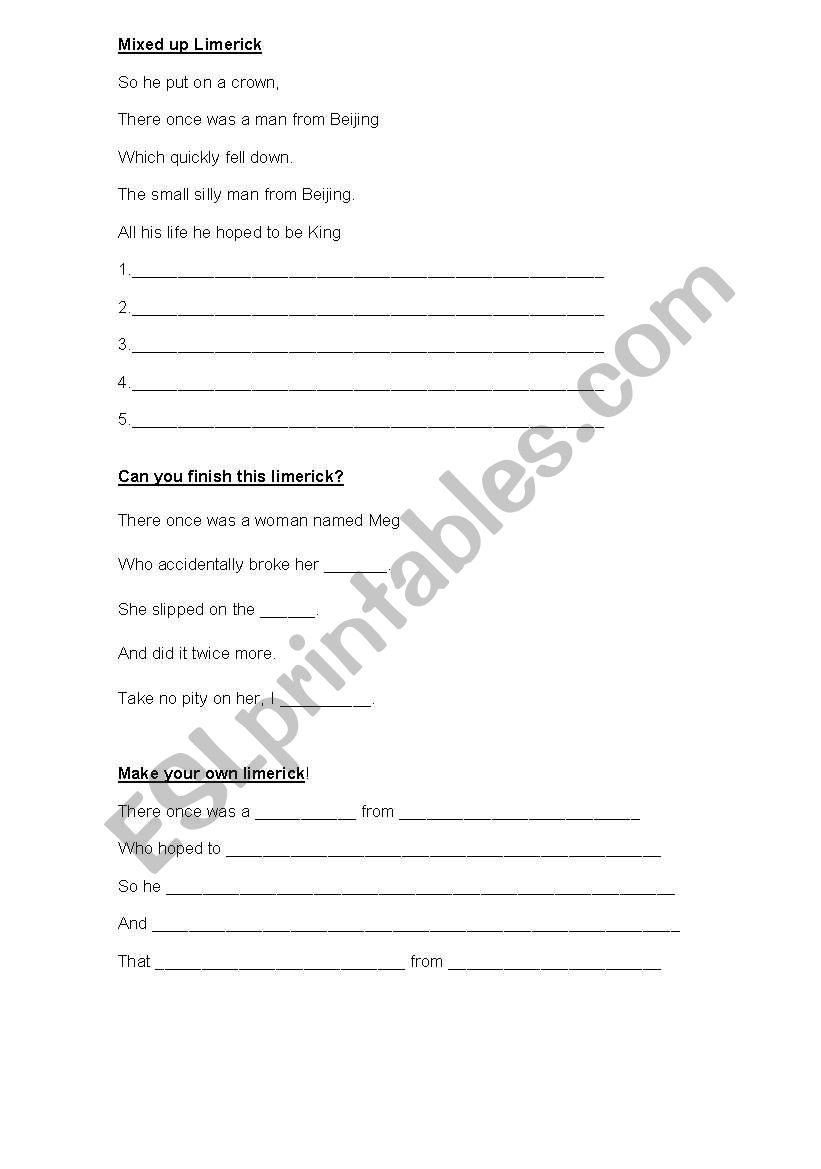 Worksheet to accompany Limericks powerpoint