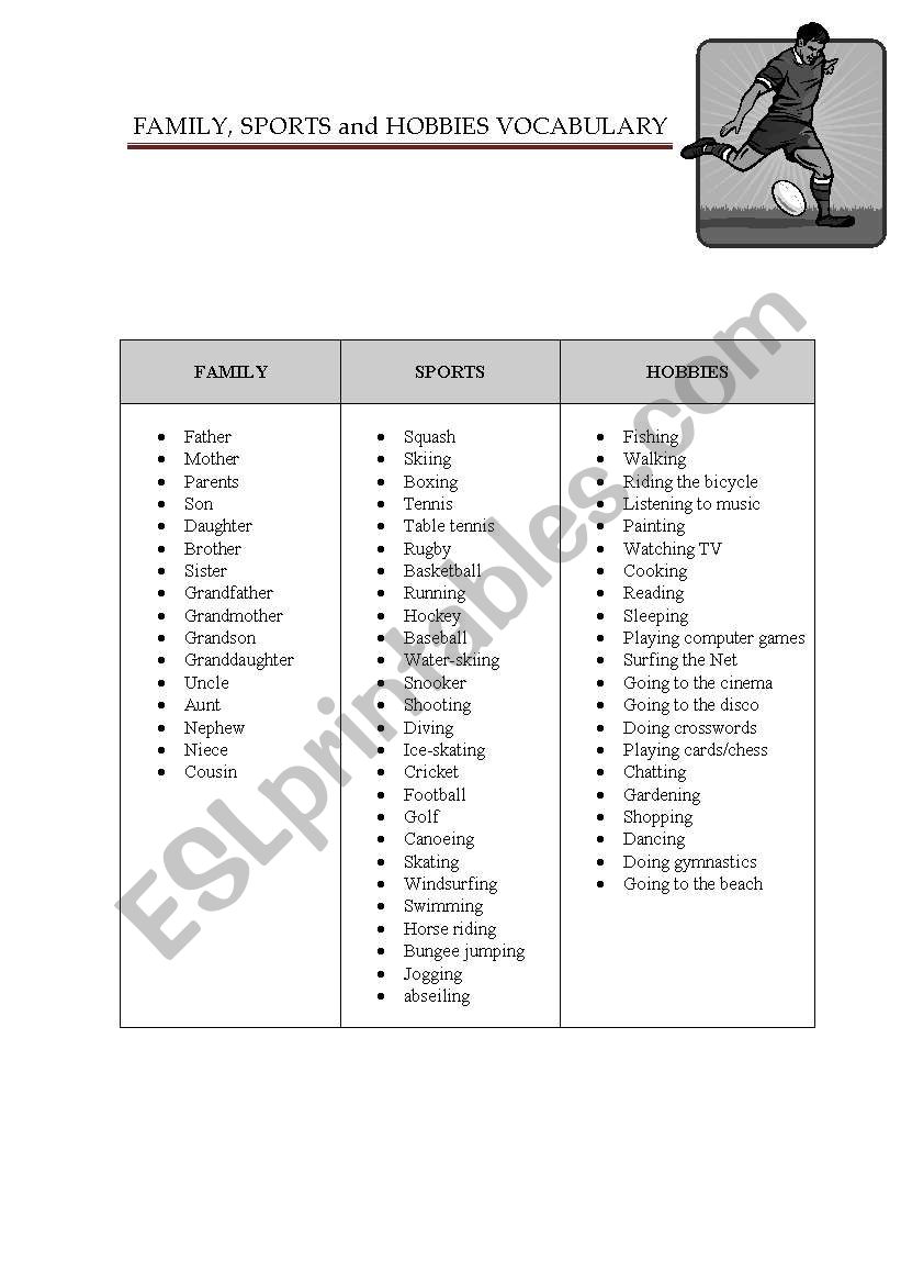sports, family and hobbies worksheet
