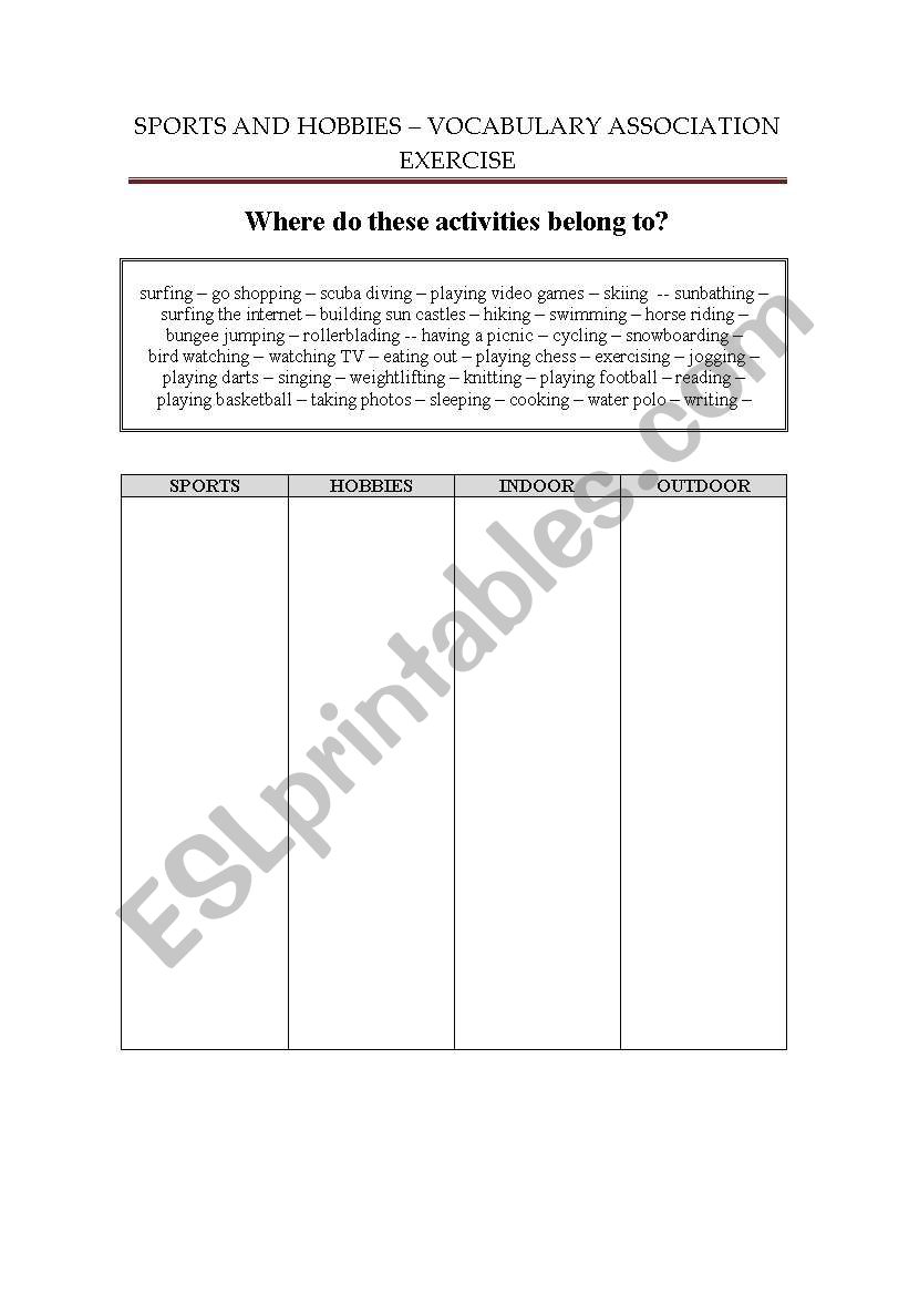 Sports, family hobbies worksheet