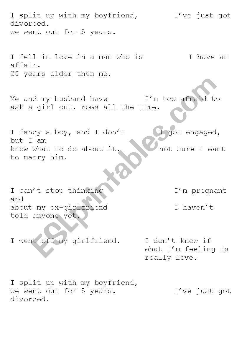 relationships- agony aunt worksheet