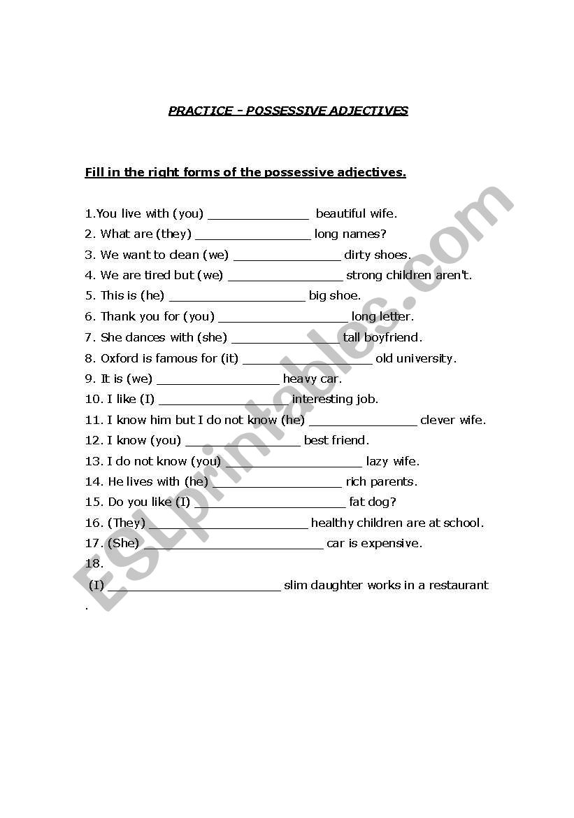 Worksheet - Possessive Adjectives - ESL worksheet by valedanilova Pertaining To Possessive Adjective Spanish Worksheet