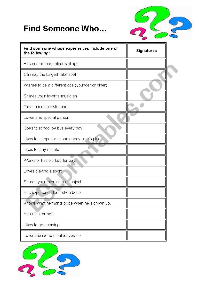 Find someone who... worksheet