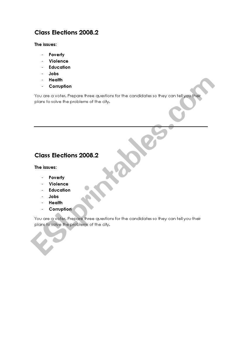 Class Elections worksheet