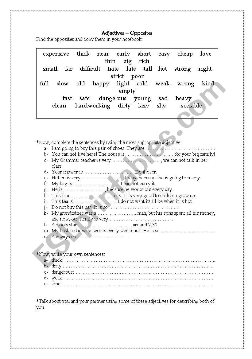 Adjectives- opposites worksheet