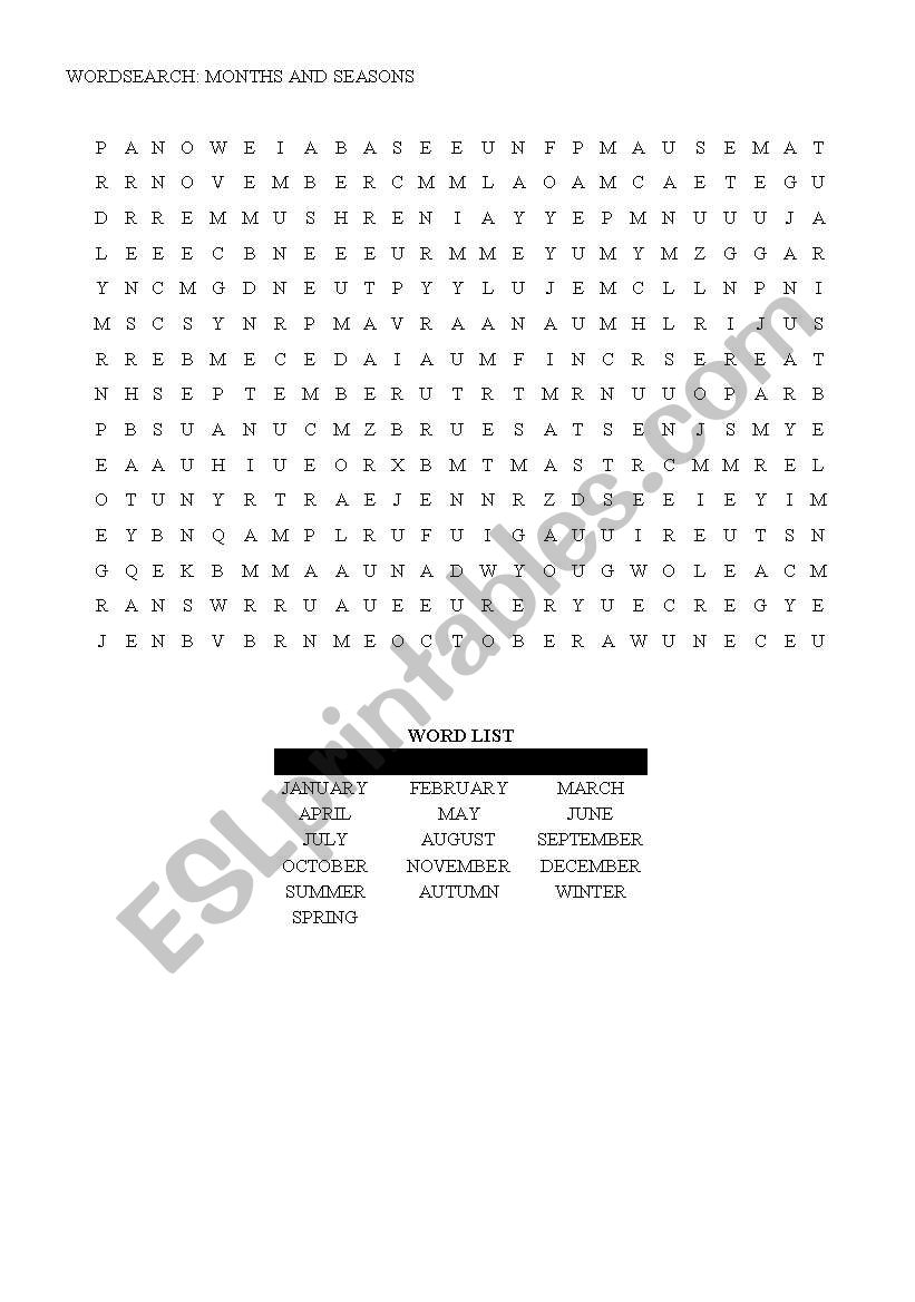 WORDSEARCH: MONTHS AND SEASONS