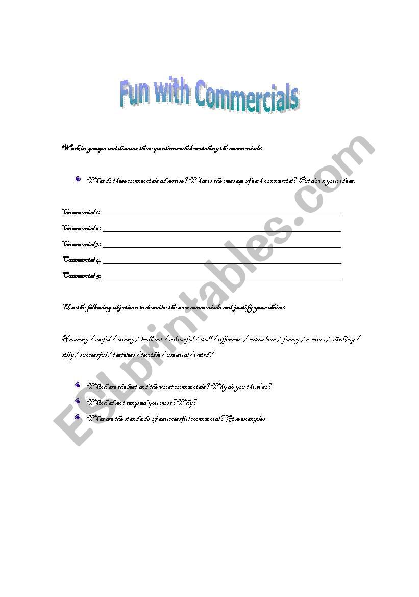 fun with commercials worksheet