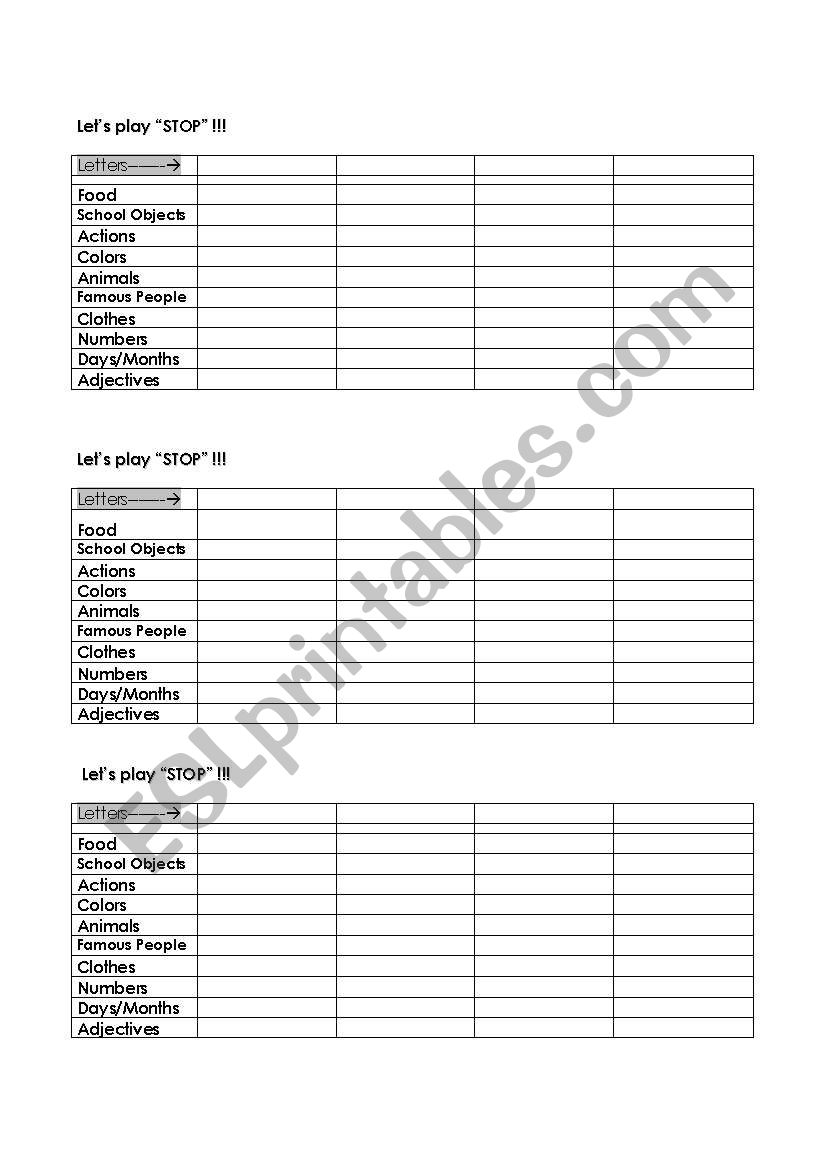 Lets play Stop (3 worksheets per page)