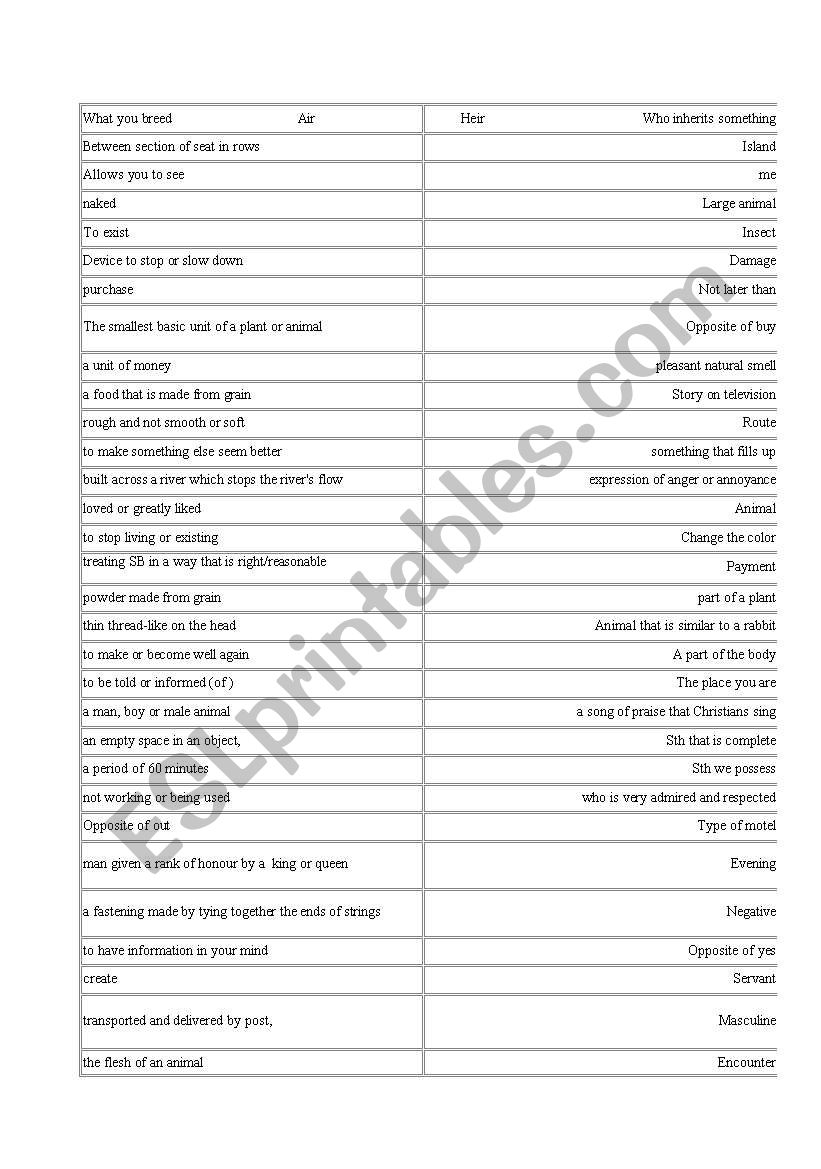 Homonyms activity worksheet