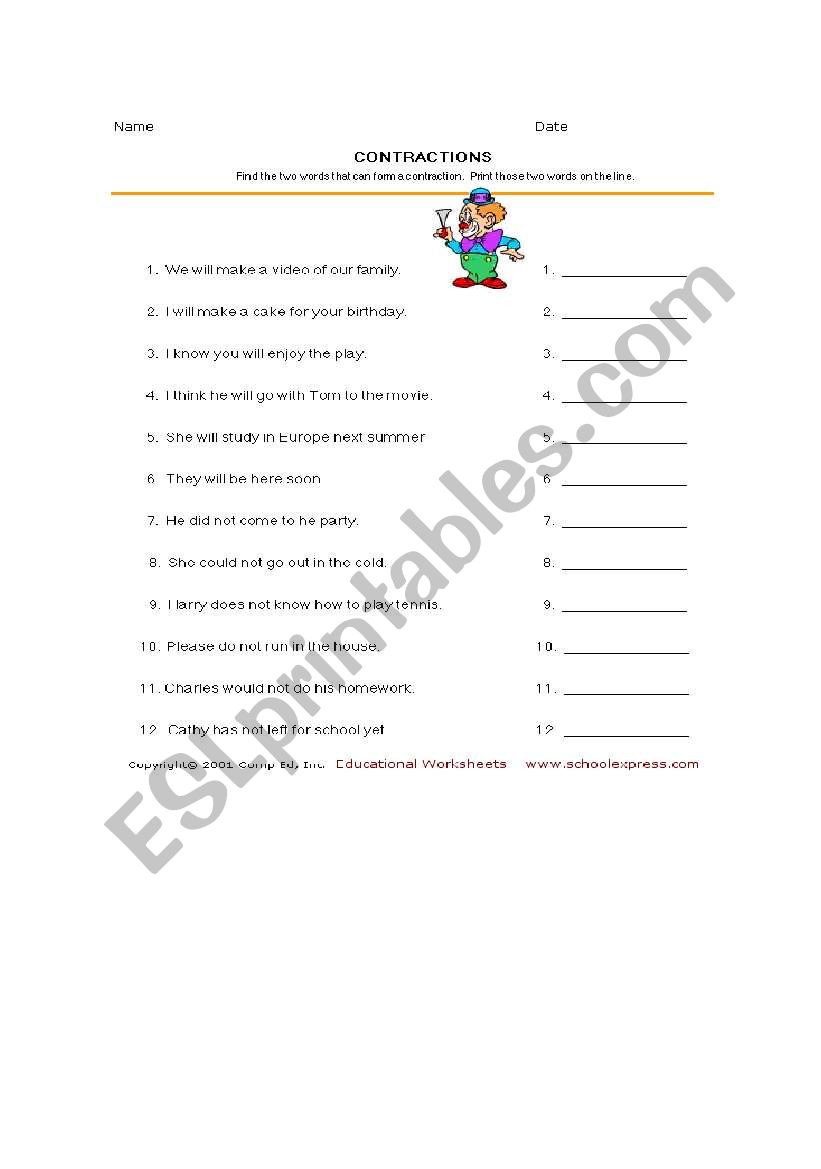 contractions worksheet