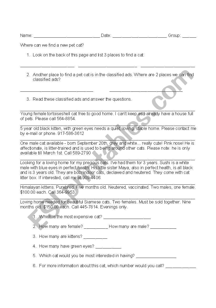 Classified Ads worksheet