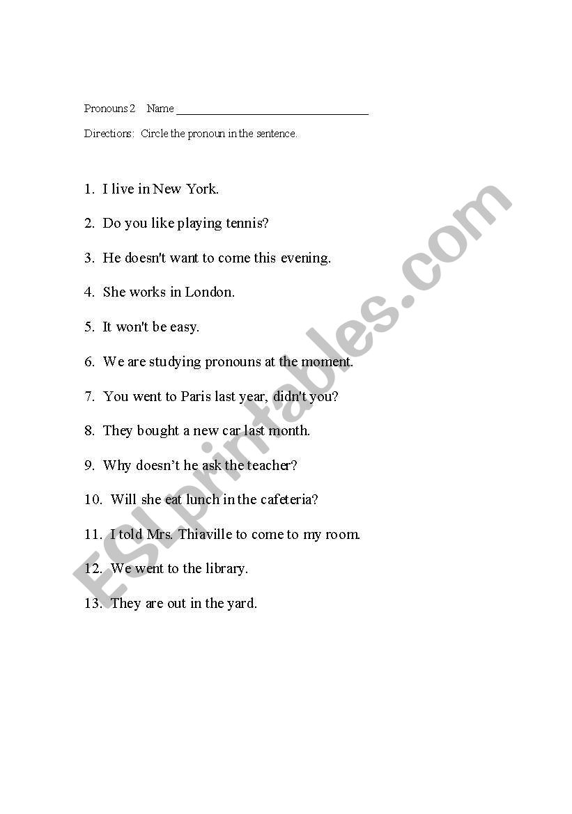 Pronouns worksheet