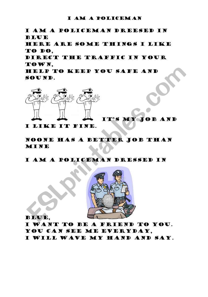 song - I am a policeman worksheet