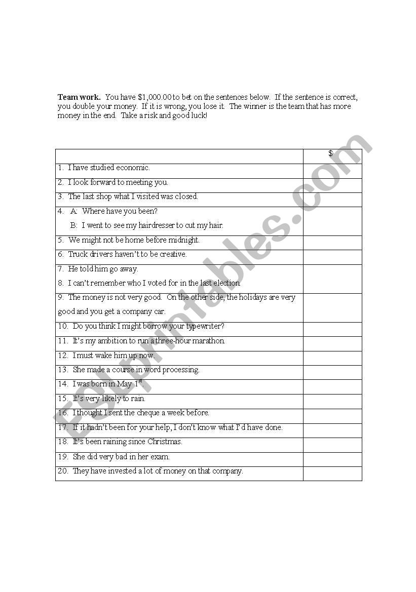 Auction worksheet