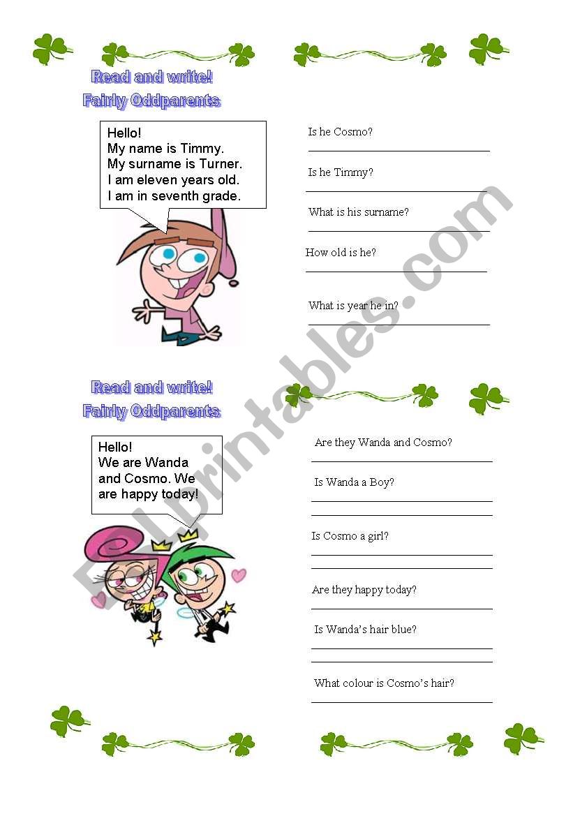  Fairly Oddparents Personal Information, personal pronouns and To be