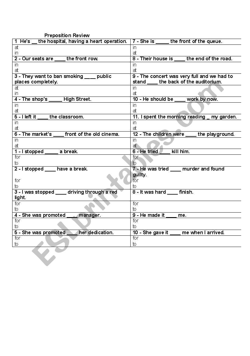 Preposition Review worksheet