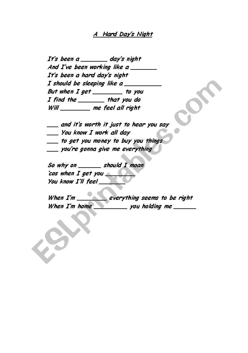 A Hard Day (The Beatles) worksheet
