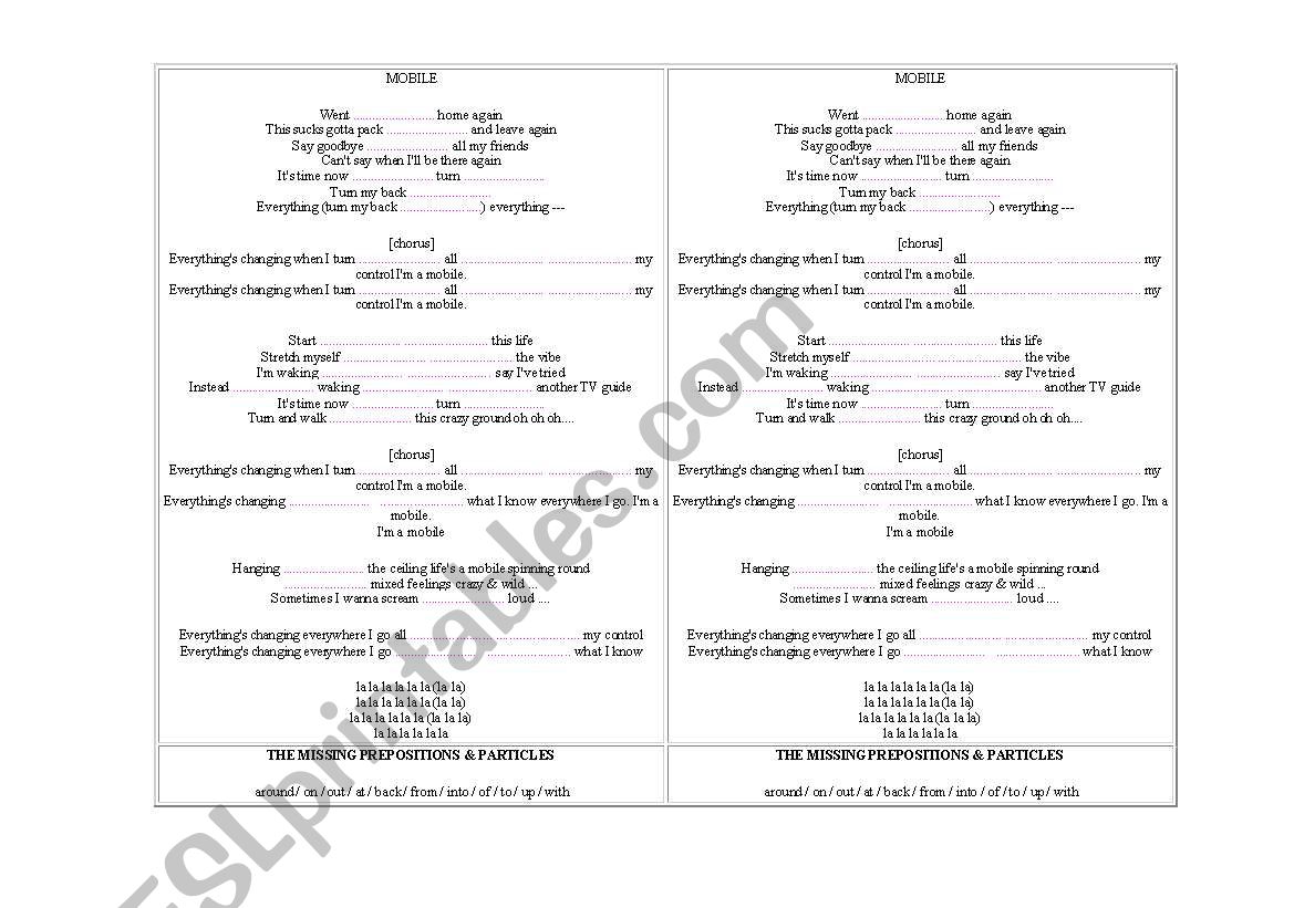 Complete the song Avril Lavigne Mobile - Prepositions