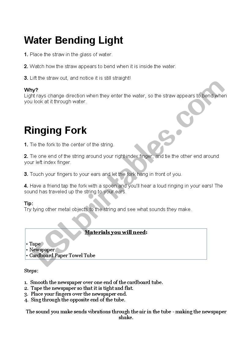 Experiments to do in class worksheet