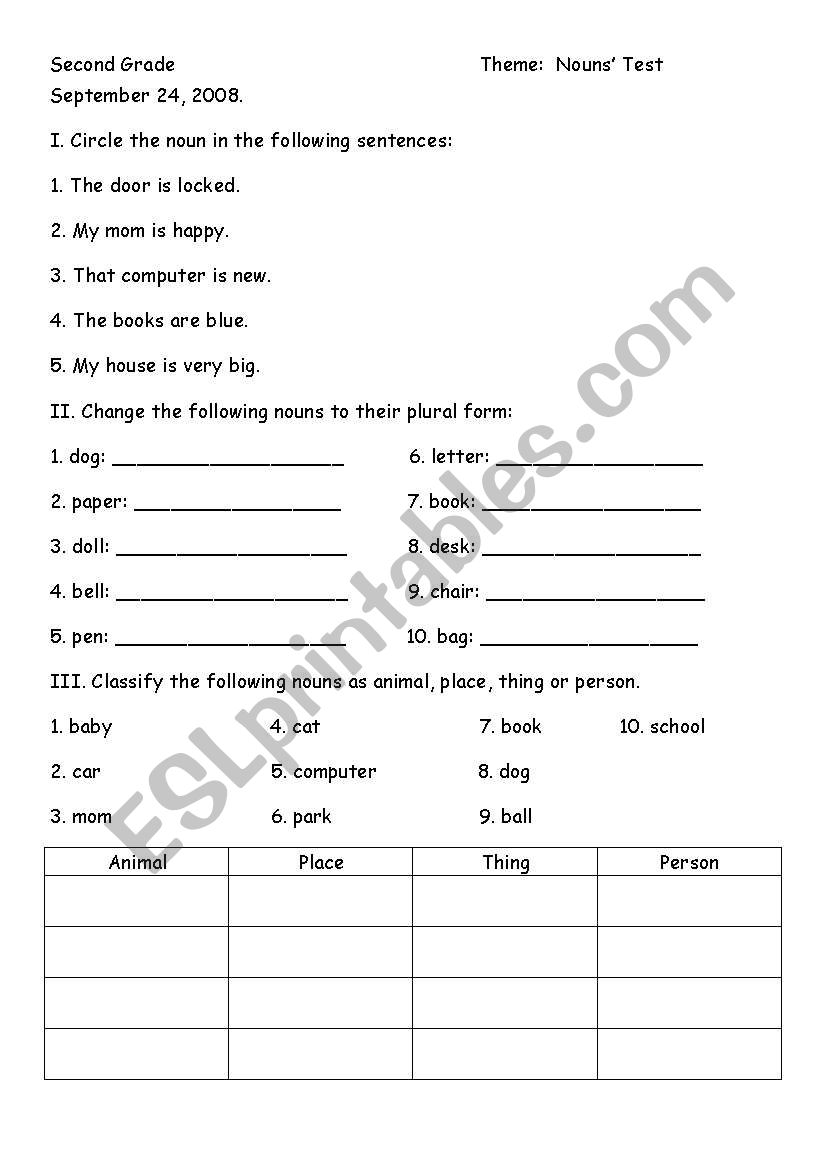 Nouns Test worksheet