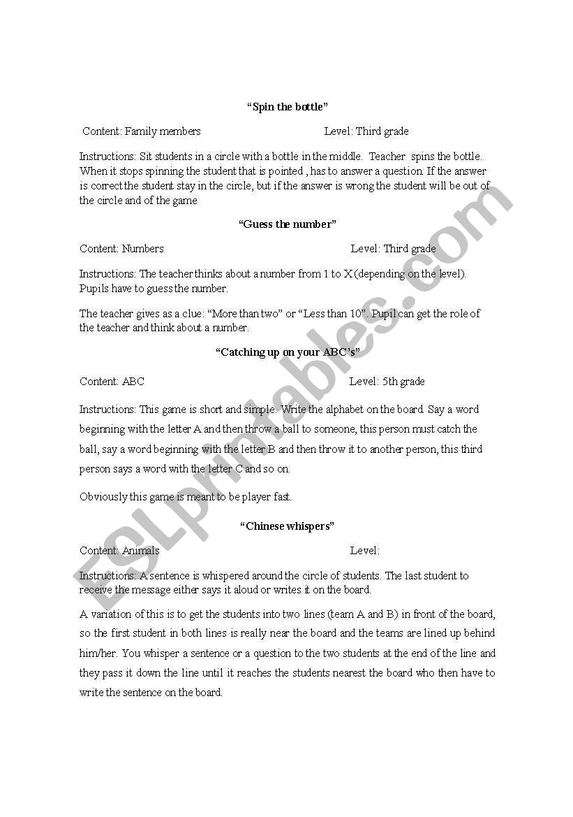 Games worksheet