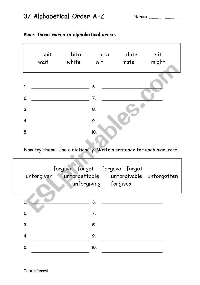 Alphabetical Order worksheet