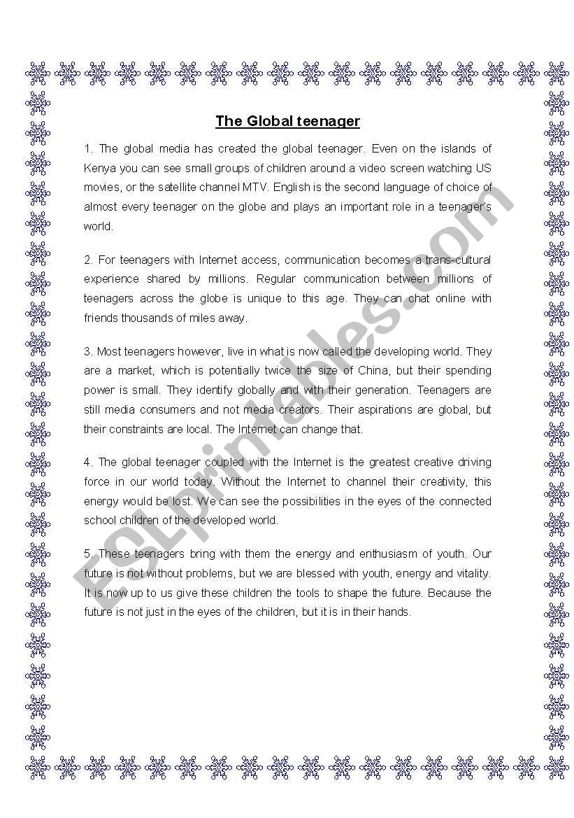 The global teenager worksheet