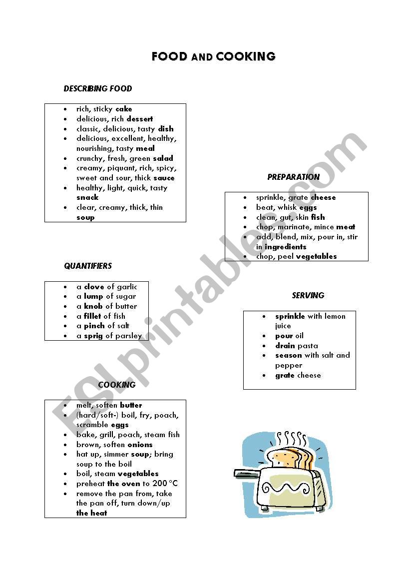 food and cooking worksheet