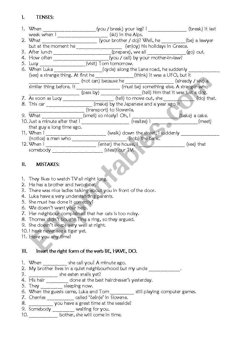 tenses, mistakes, auxiliaries worksheet