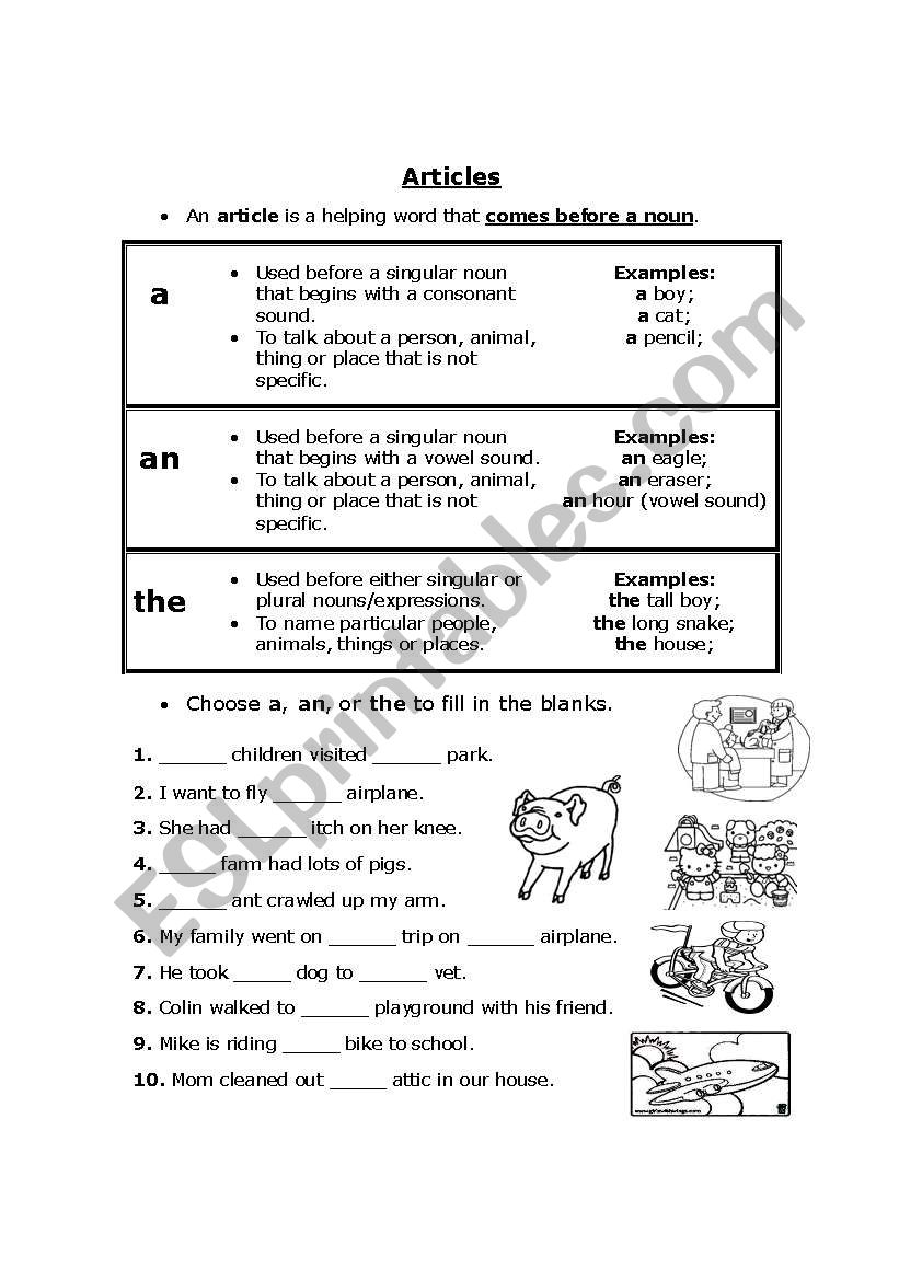 Articles worksheet