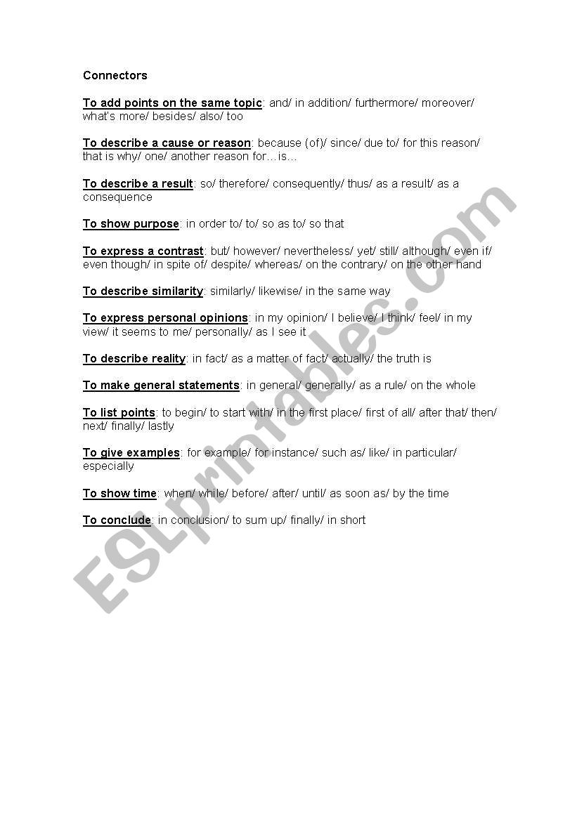 Connectors worksheet