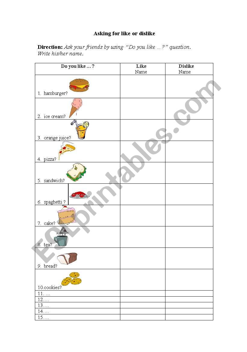 Like/Dislike Food worksheet