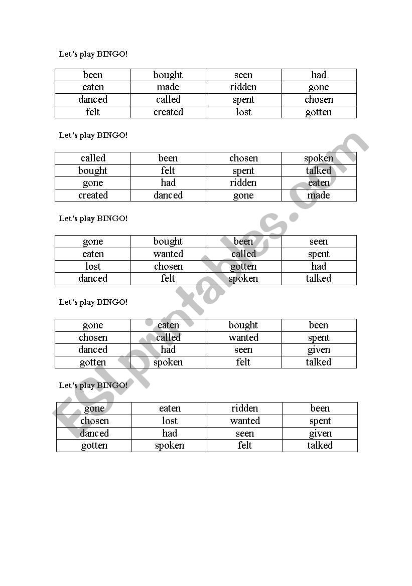 Simple past bingo worksheet