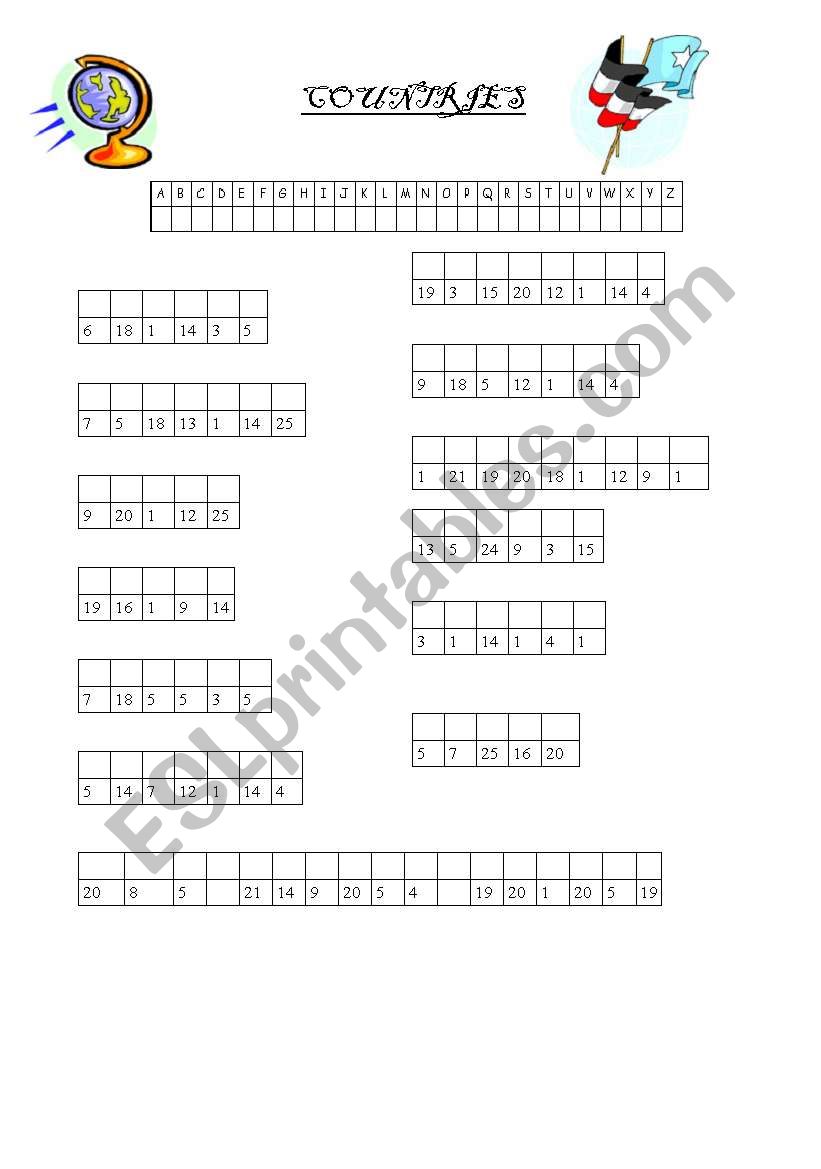 ryptogramme on countries worksheet