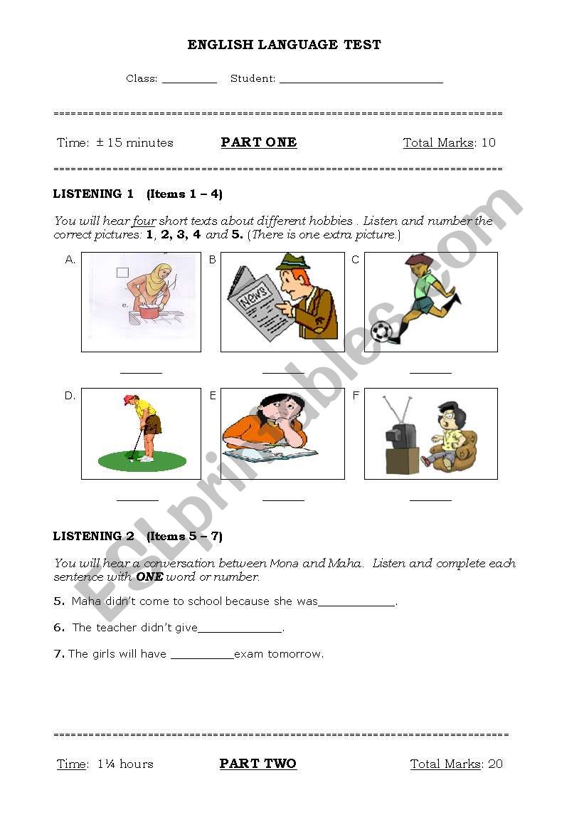 english language test worksheet