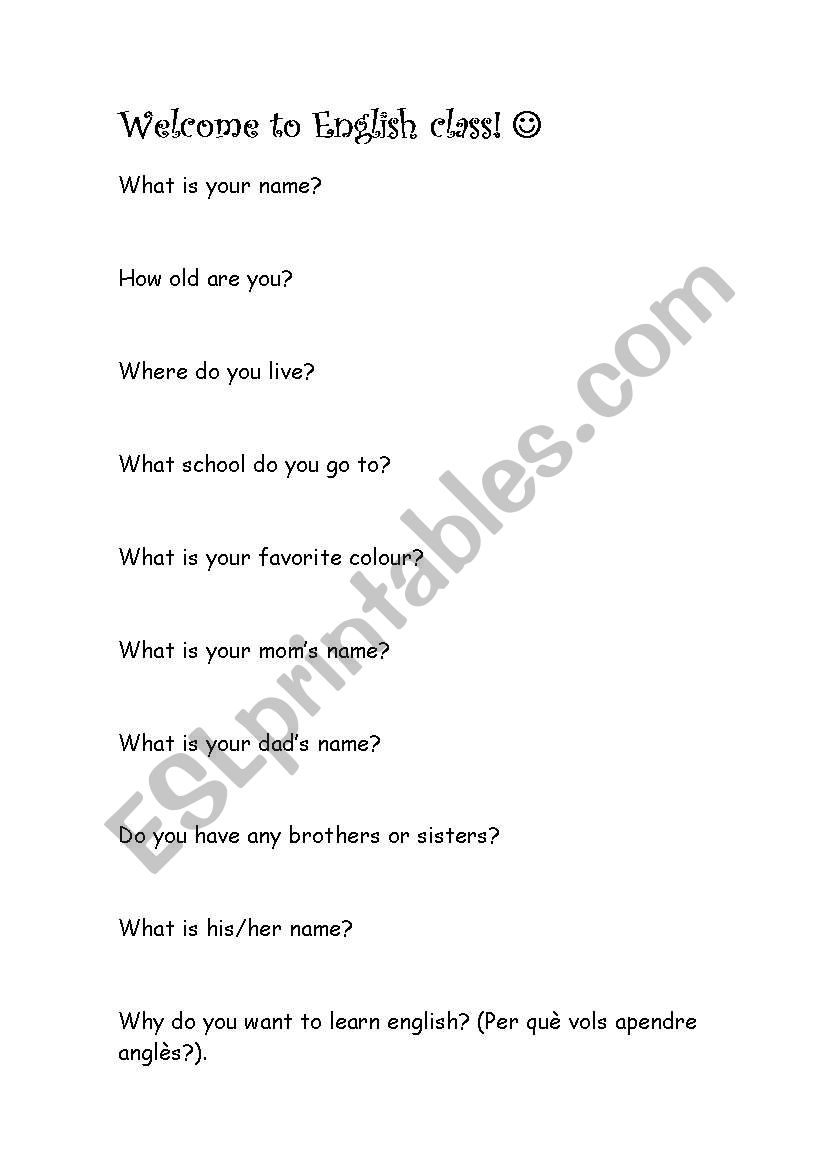 welcome to english class worksheet