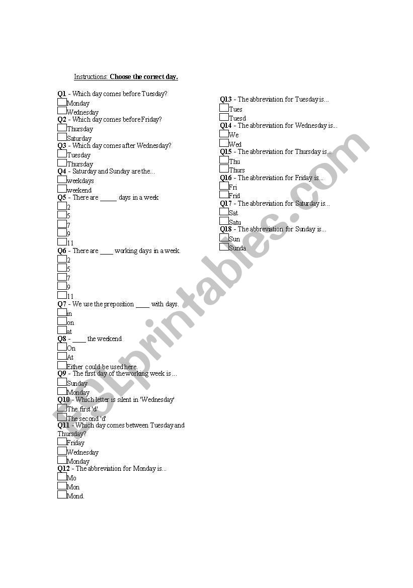 Days of the week exercise worksheet